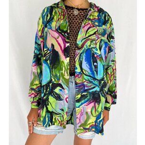 90s vintage colorful watercolor abstract print flowy rayon button up blouse top